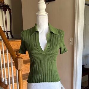 Boden Ribbed Pointelle Collared Tee V-Neck- Size M